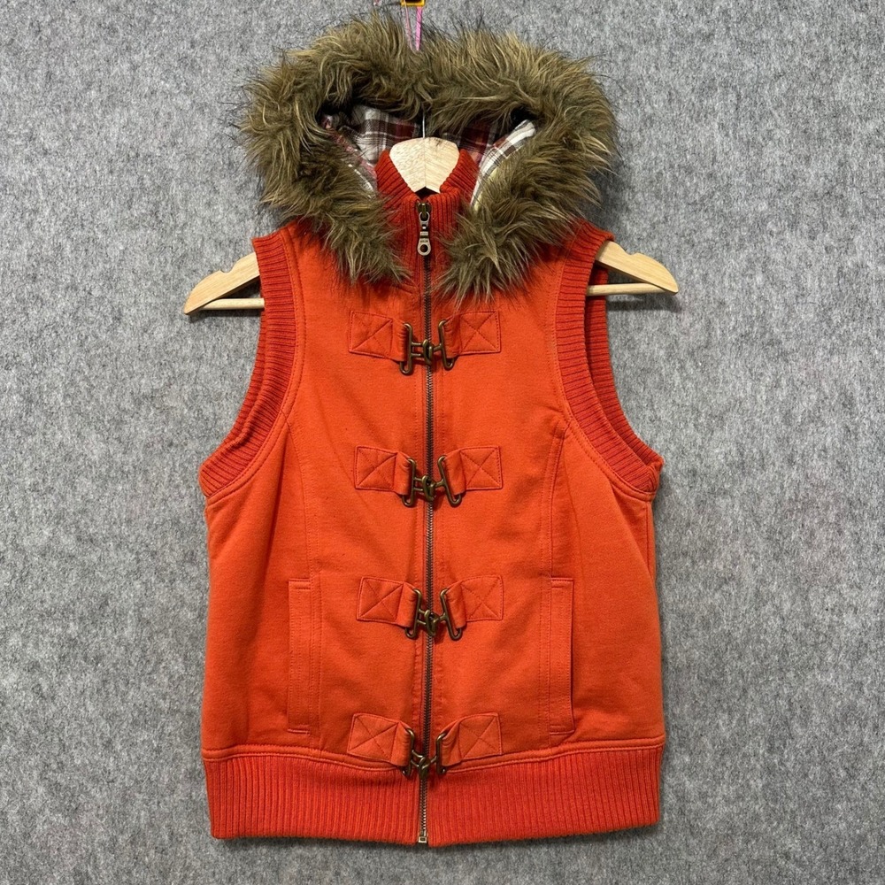 Y2K Mudd Orange Faux Fur Hooded‎ Toggle Vest Women Sz Medium Casual Cozy Winter
